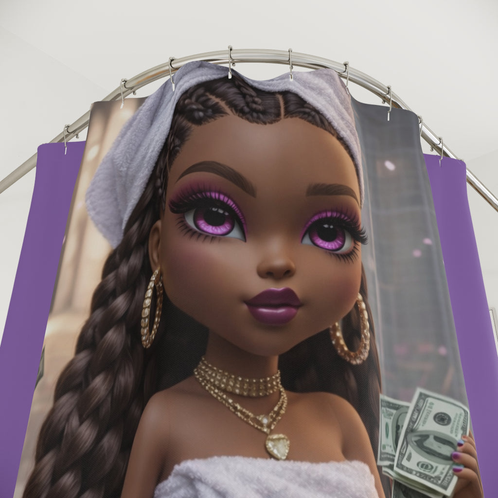 Luxury Doll Shower Curtain — Glam Bath Scene with Money and Purple Accents