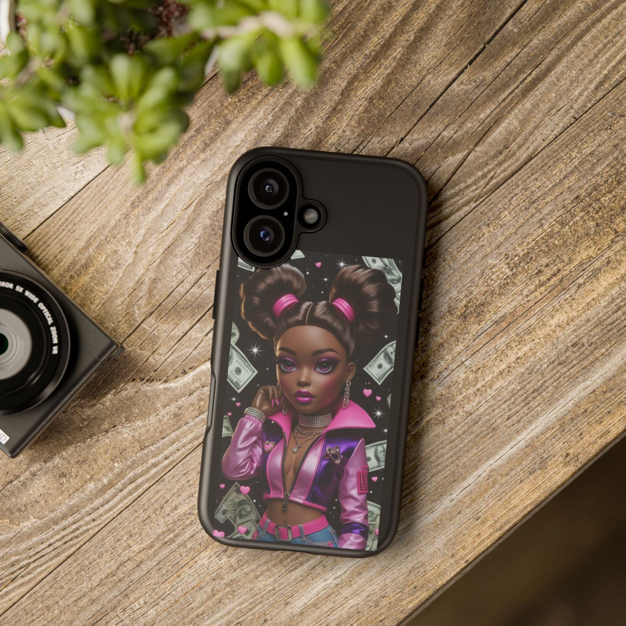 Money Babe Tough Phone Case — Afro Puff Girl Pink Leather Jacket