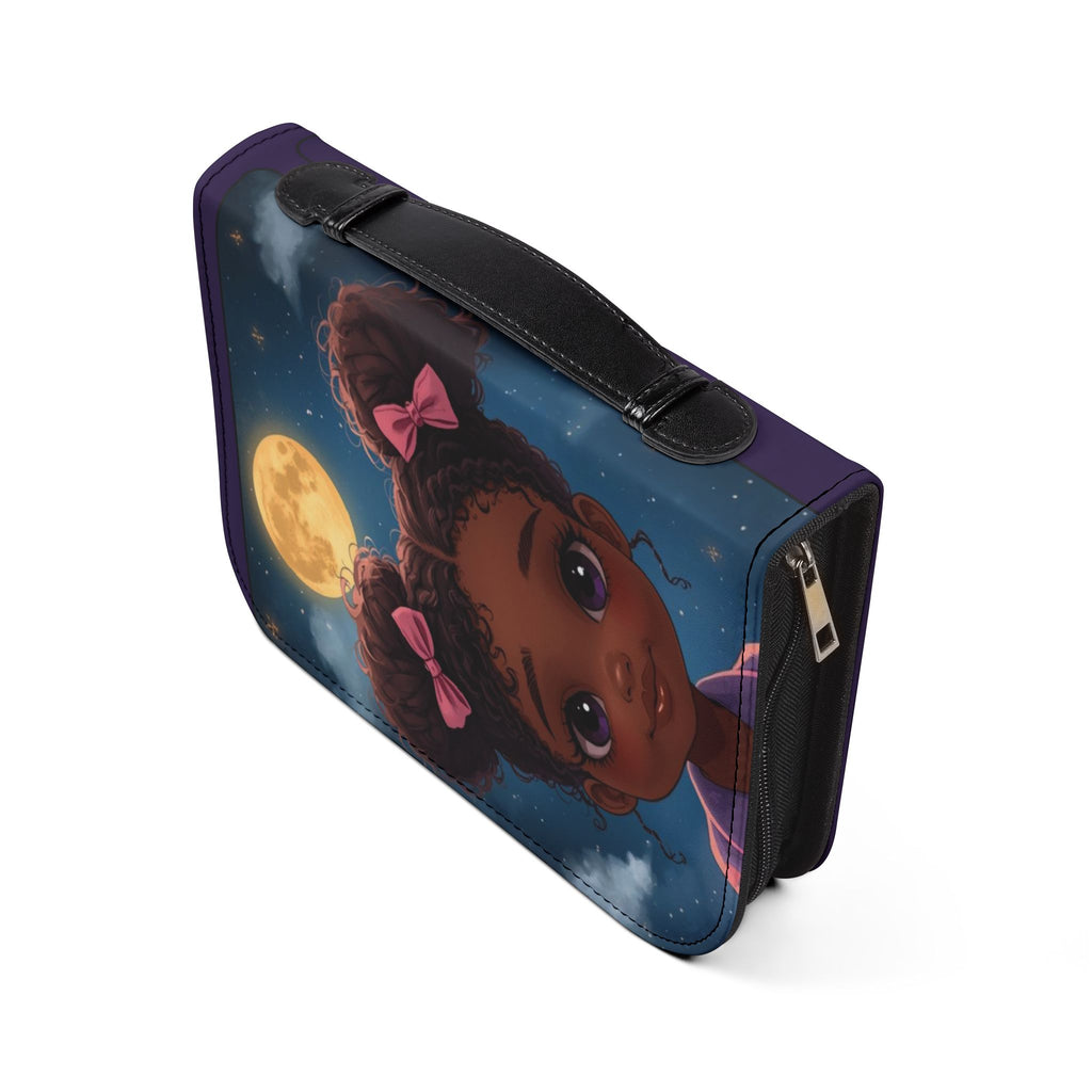 Bible Cover - Philippians 4:13 Inspirational Purple Zippered Bible Case with Cute Girl Moon Design