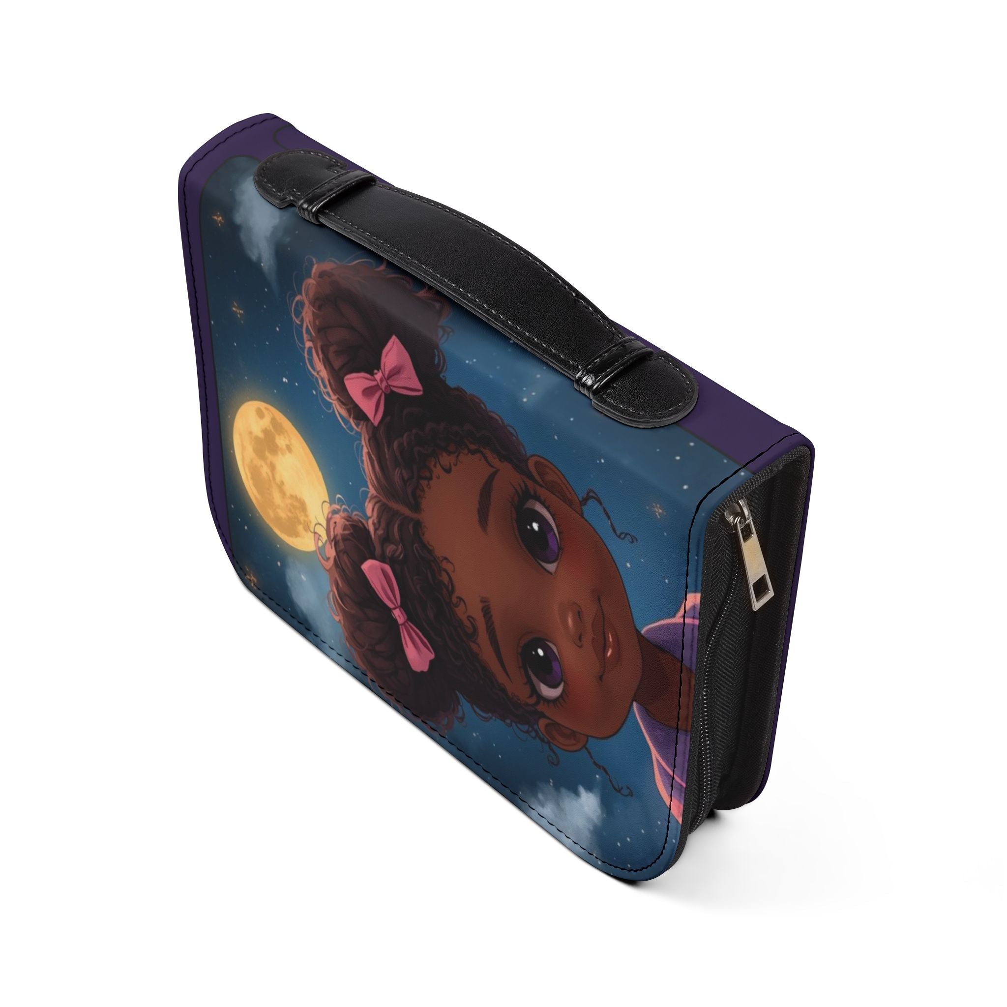 Bible Cover - Philippians 4:13 Inspirational Purple Zippered Bible Case with Cute Girl Moon Design