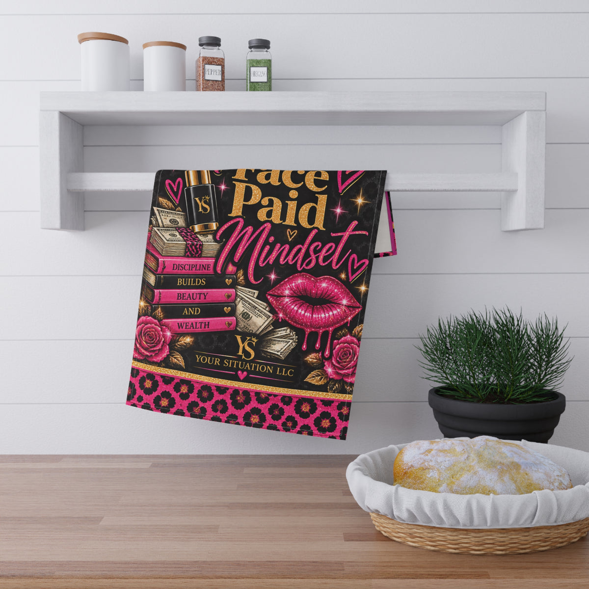 Tea Towel — Love Yourself Heart Pattern (Valentine’s Day, Self‑Care Kitchen Decor)