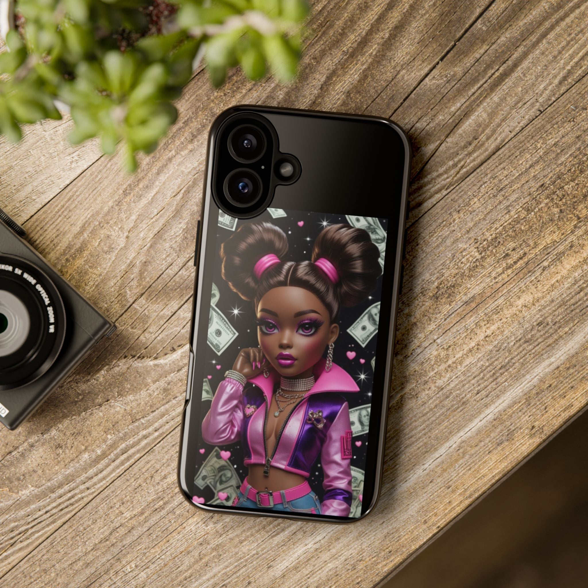 Money Babe Tough Phone Case — Afro Puff Girl Pink Leather Jacket