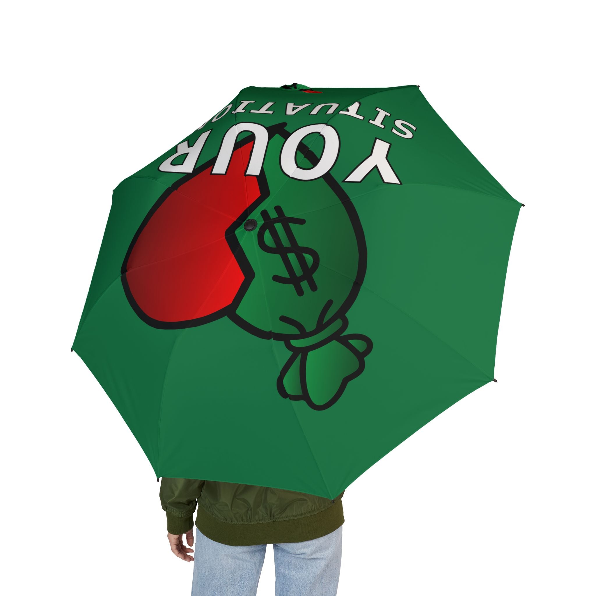 Green Money Bag Umbrella — 'Your Caution' Foldable Rain Umbrella