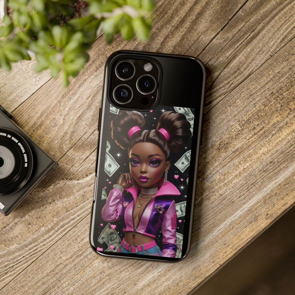 Money Babe Tough Phone Case — Afro Puff Girl Pink Leather Jacket