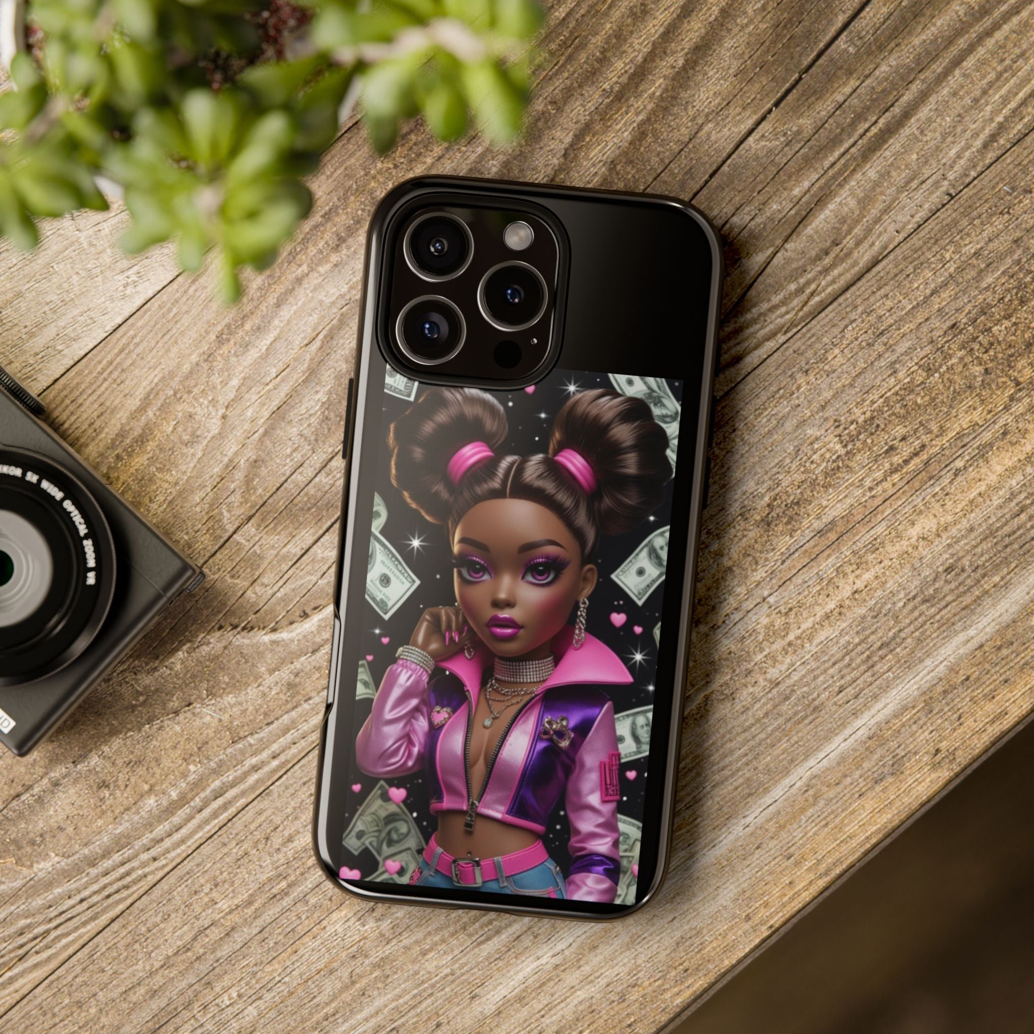 Money Babe Tough Phone Case — Afro Puff Girl Pink Leather Jacket