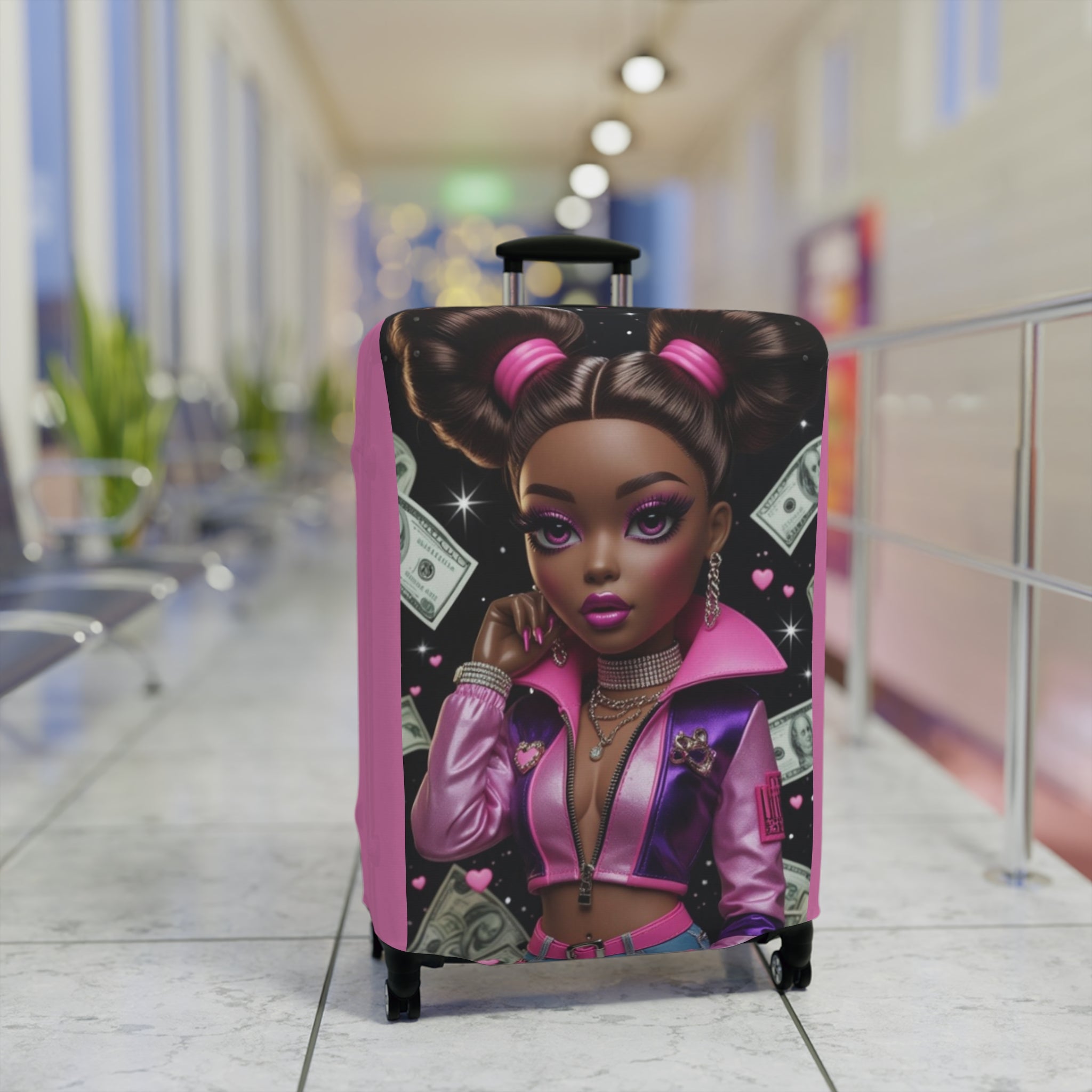Pink Boss Babe Luggage Cover — Stylish Travel Case Protector with Money Girl Illustration