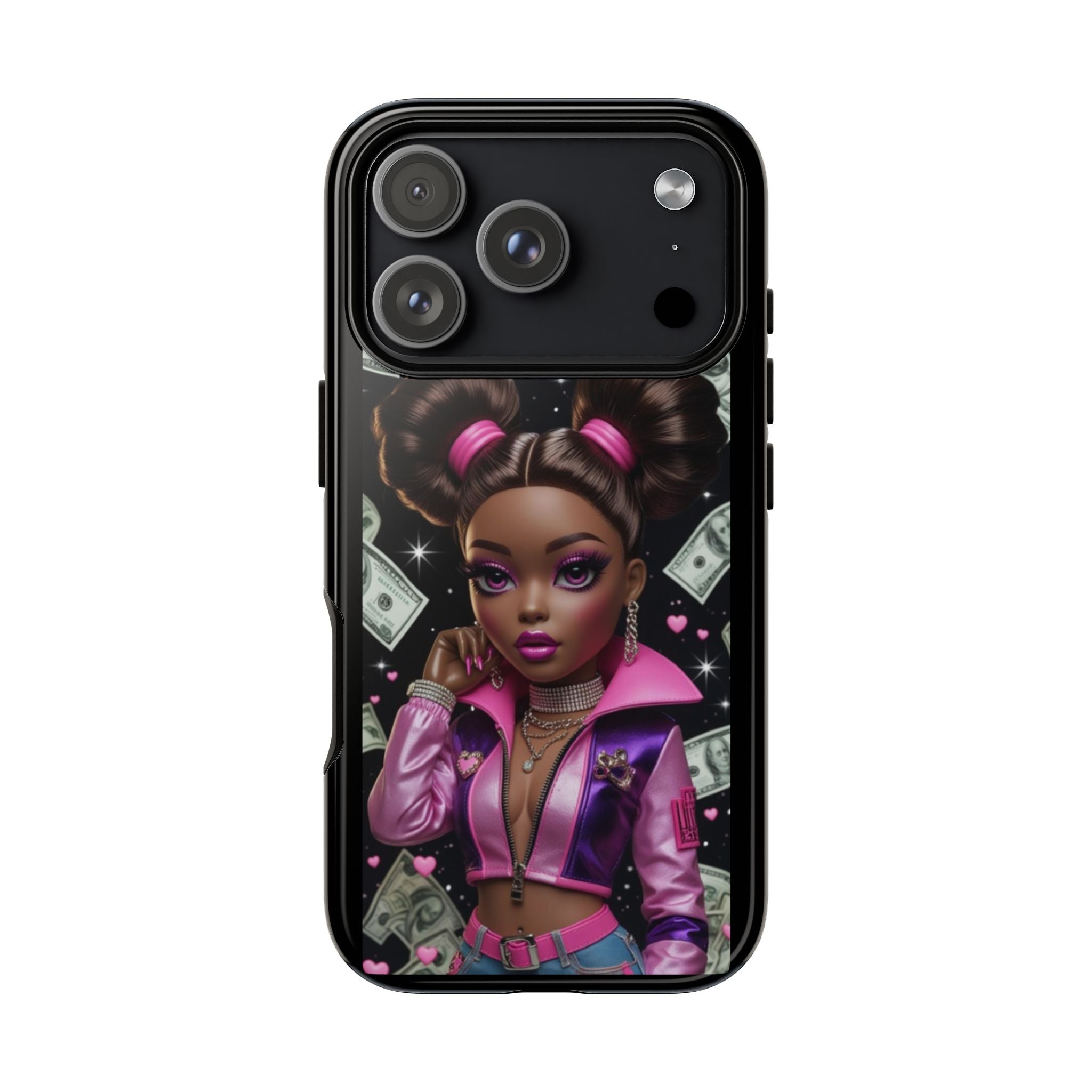 Money Babe Tough Phone Case — Afro Puff Girl Pink Leather Jacket