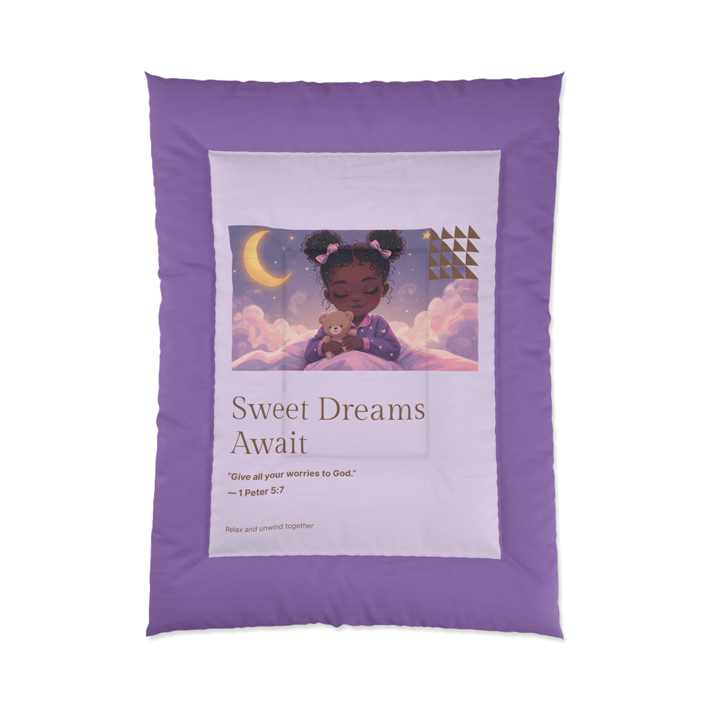 Sweet Dreams Await Comforter – Purple Kids’ Nighttime Bedding with Cute Girl Illustration & Bible Verse