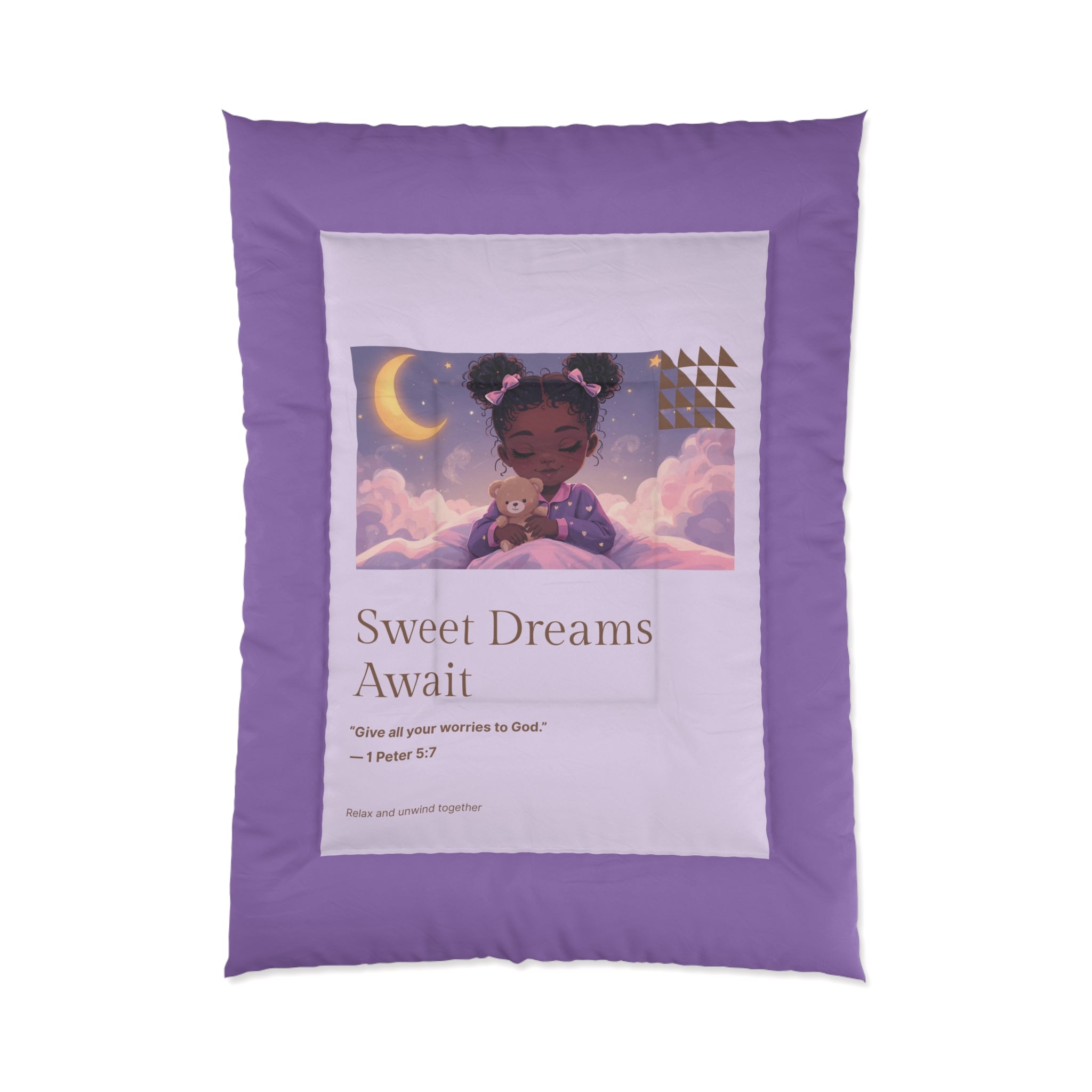 Sweet Dreams Await Comforter – Purple Kids’ Nighttime Bedding with Cute Girl Illustration & Bible Verse