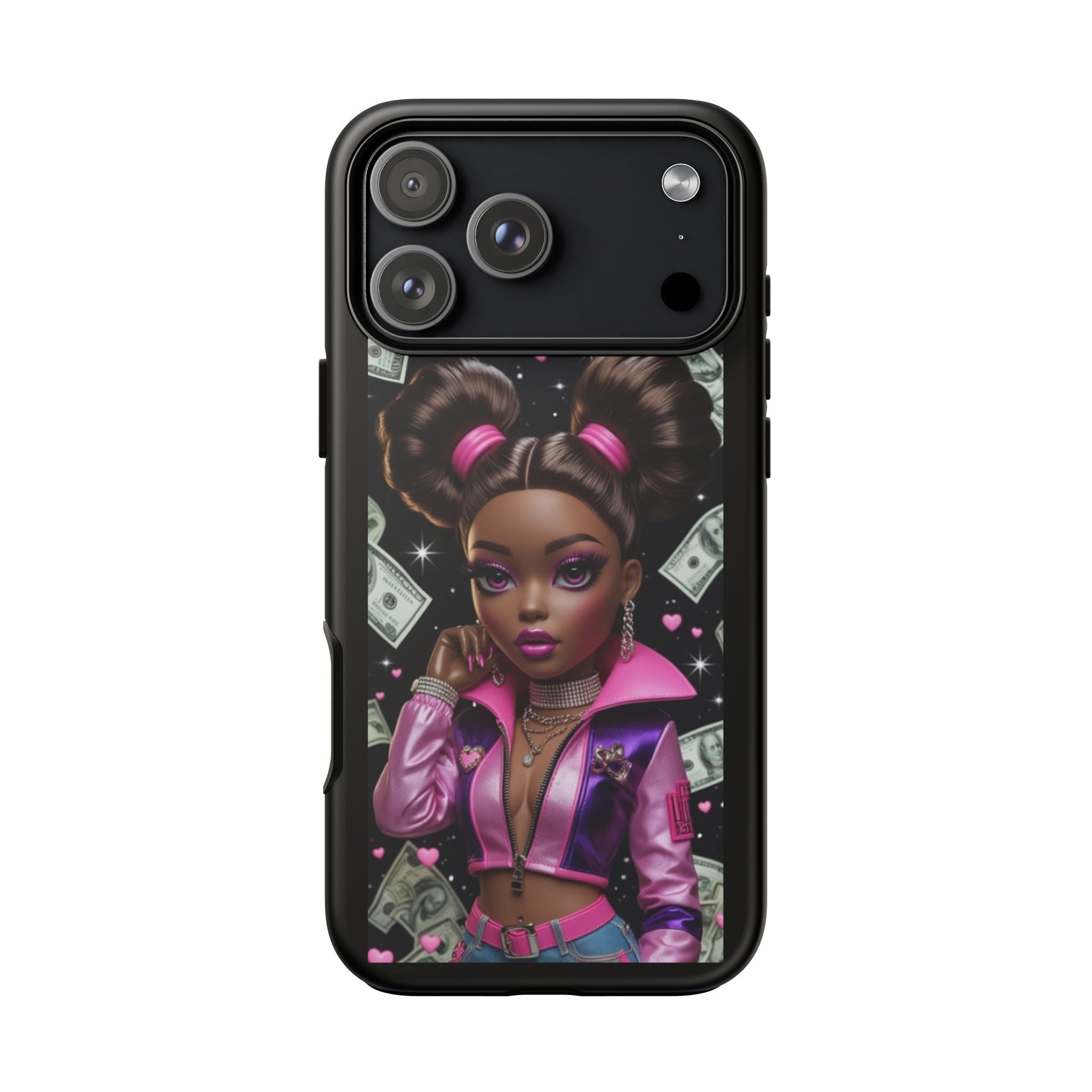 Money Babe Tough Phone Case — Afro Puff Girl Pink Leather Jacket
