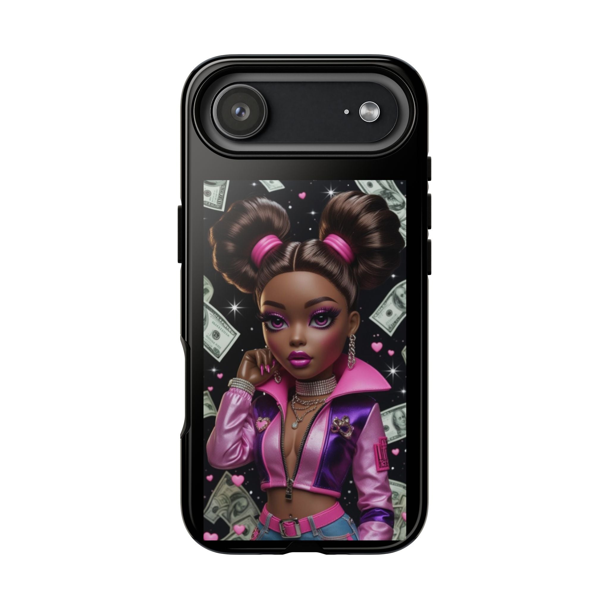 Money Babe Tough Phone Case — Afro Puff Girl Pink Leather Jacket