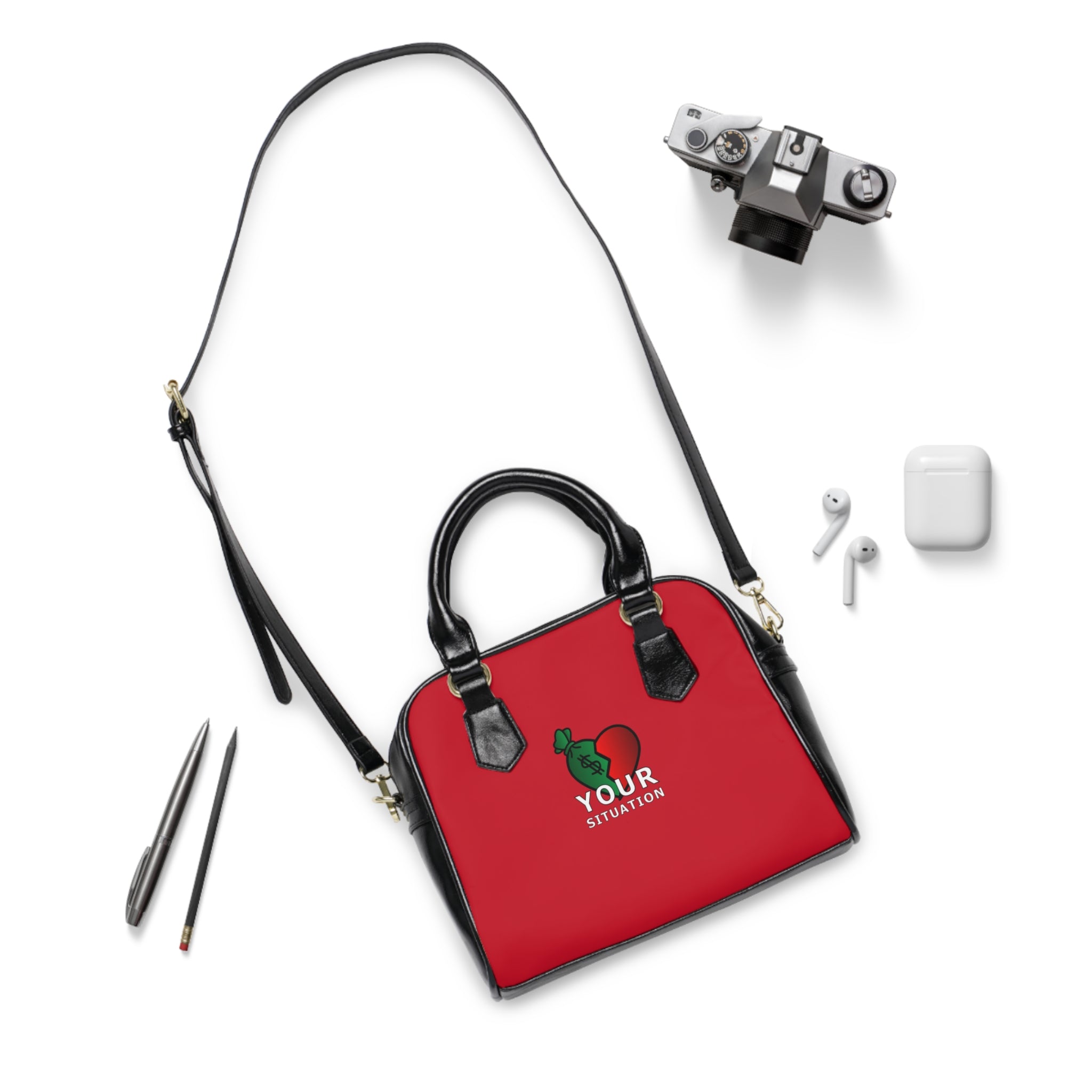 Red Shoulder Handbag — 'Your Situation' Green Apple Logo Purse