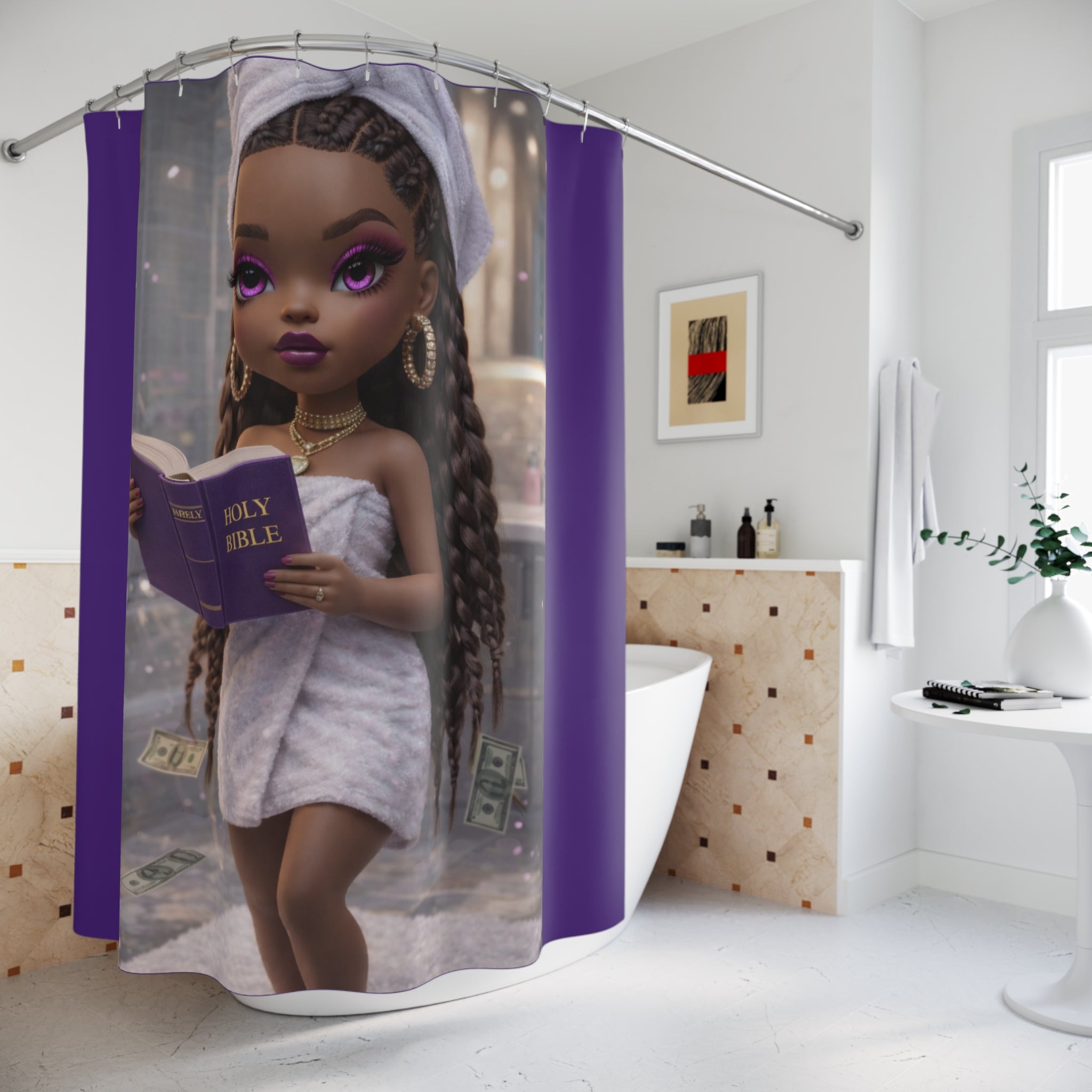 Purple Glam Faith-Inspired Shower Curtain | Stylish Doll Bathroom Decor