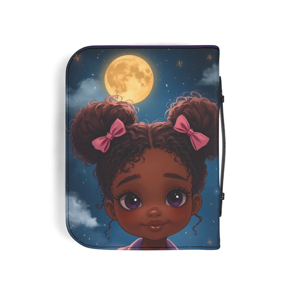 Bible Cover - Philippians 4:13 Inspirational Purple Zippered Bible Case with Cute Girl Moon Design