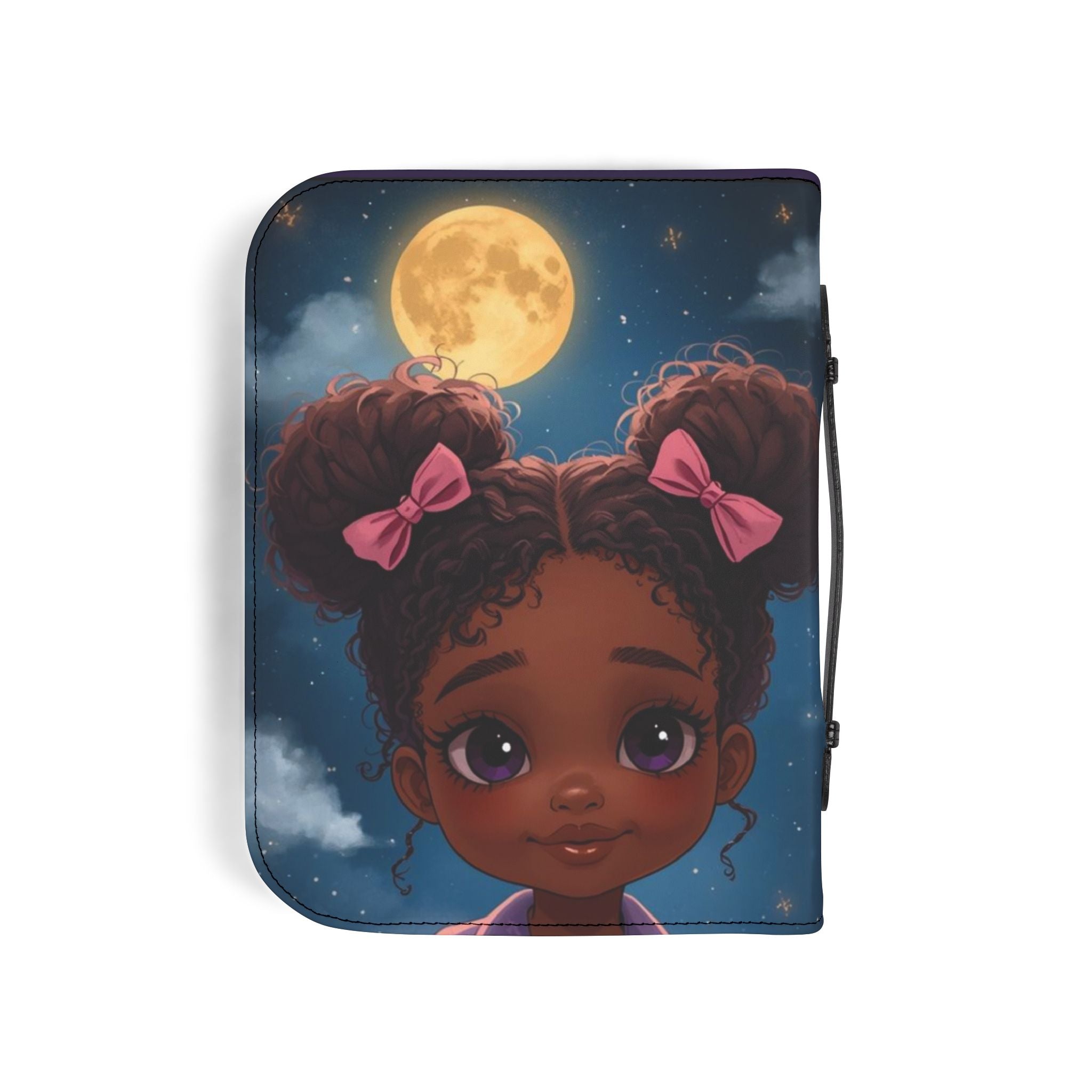 Bible Cover - Philippians 4:13 Inspirational Purple Zippered Bible Case with Cute Girl Moon Design