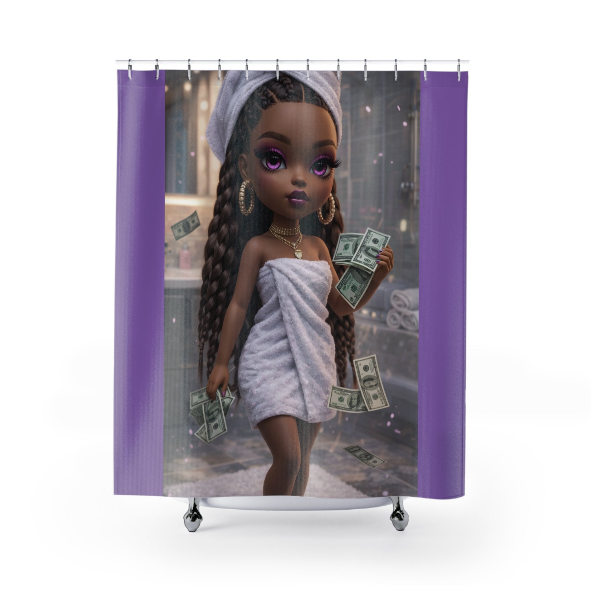 Luxury Doll Shower Curtain — Glam Bath Scene with Money and Purple Accents
