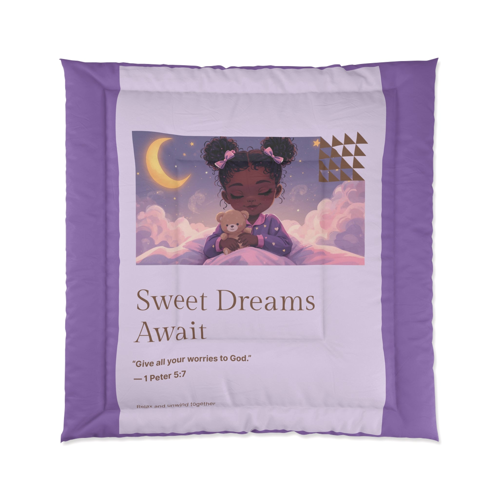 Sweet Dreams Await Comforter – Purple Kids’ Nighttime Bedding with Cute Girl Illustration & Bible Verse