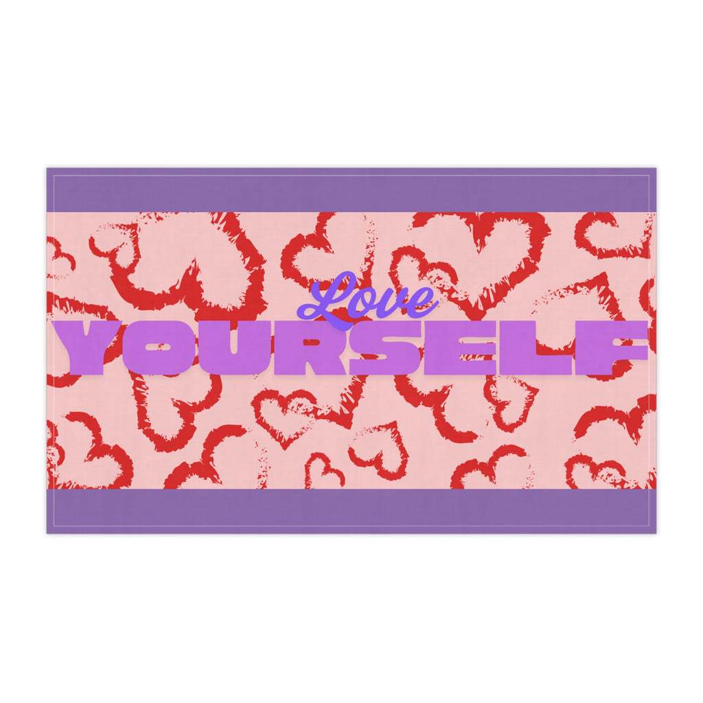 Tea Towel — Love Yourself Heart Pattern (Valentine’s Day, Self‑Care Kitchen Decor)