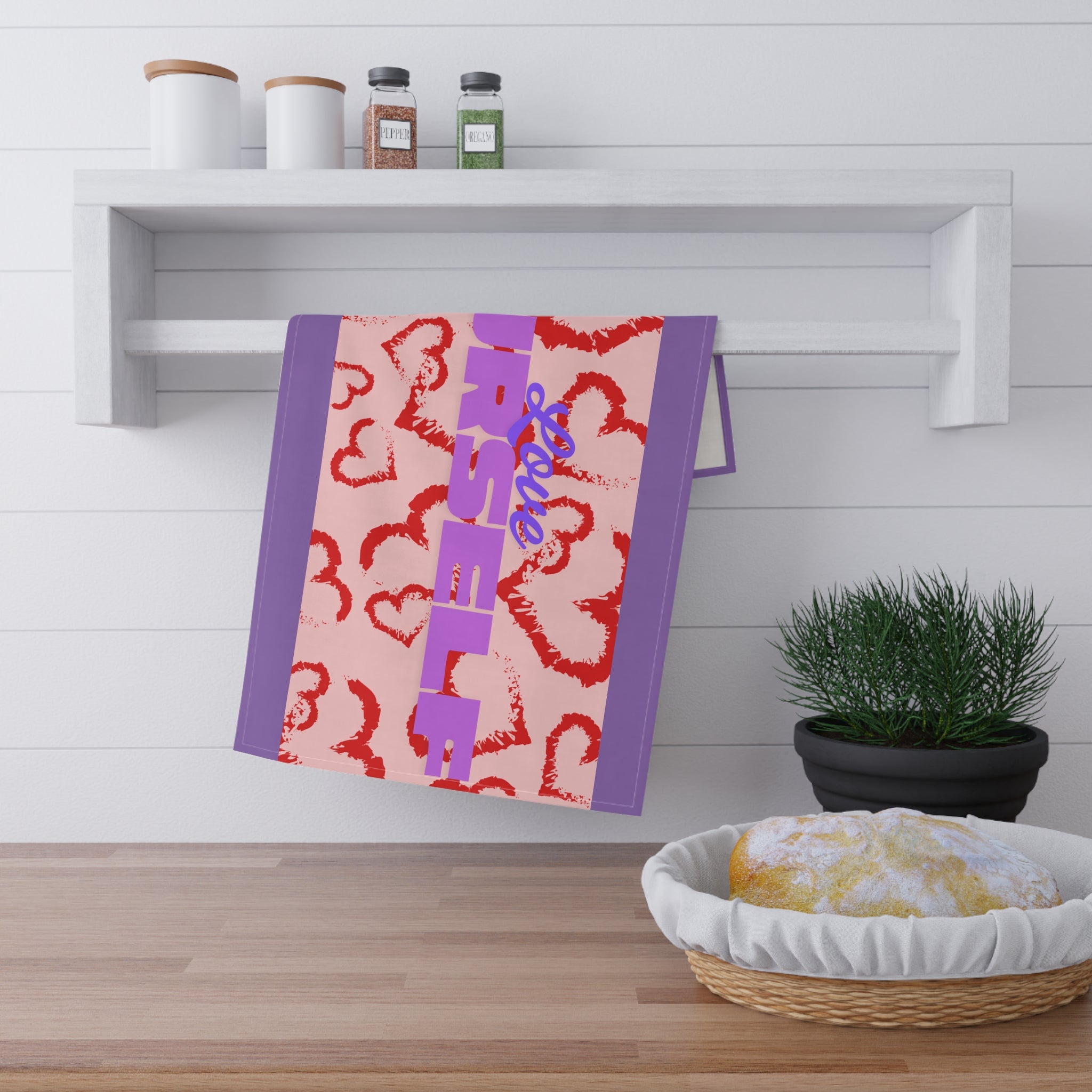 Tea Towel — Love Yourself Heart Pattern (Valentine’s Day, Self‑Care Kitchen Decor)