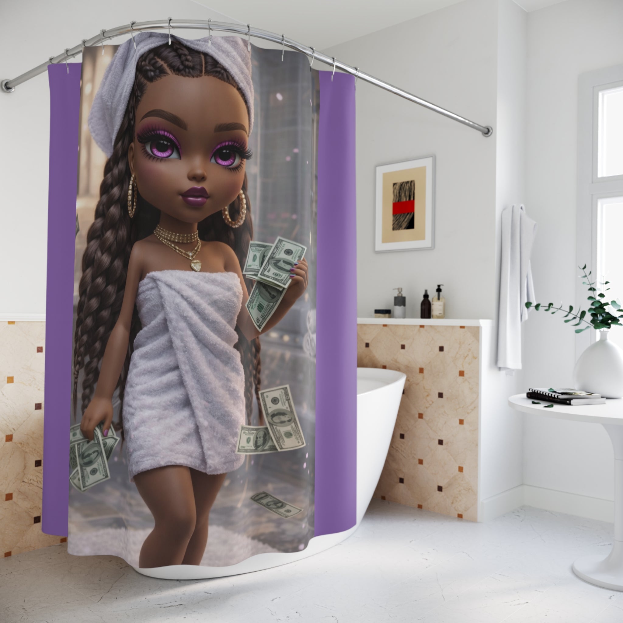 Luxury Doll Shower Curtain — Glam Bath Scene with Money and Purple Accents