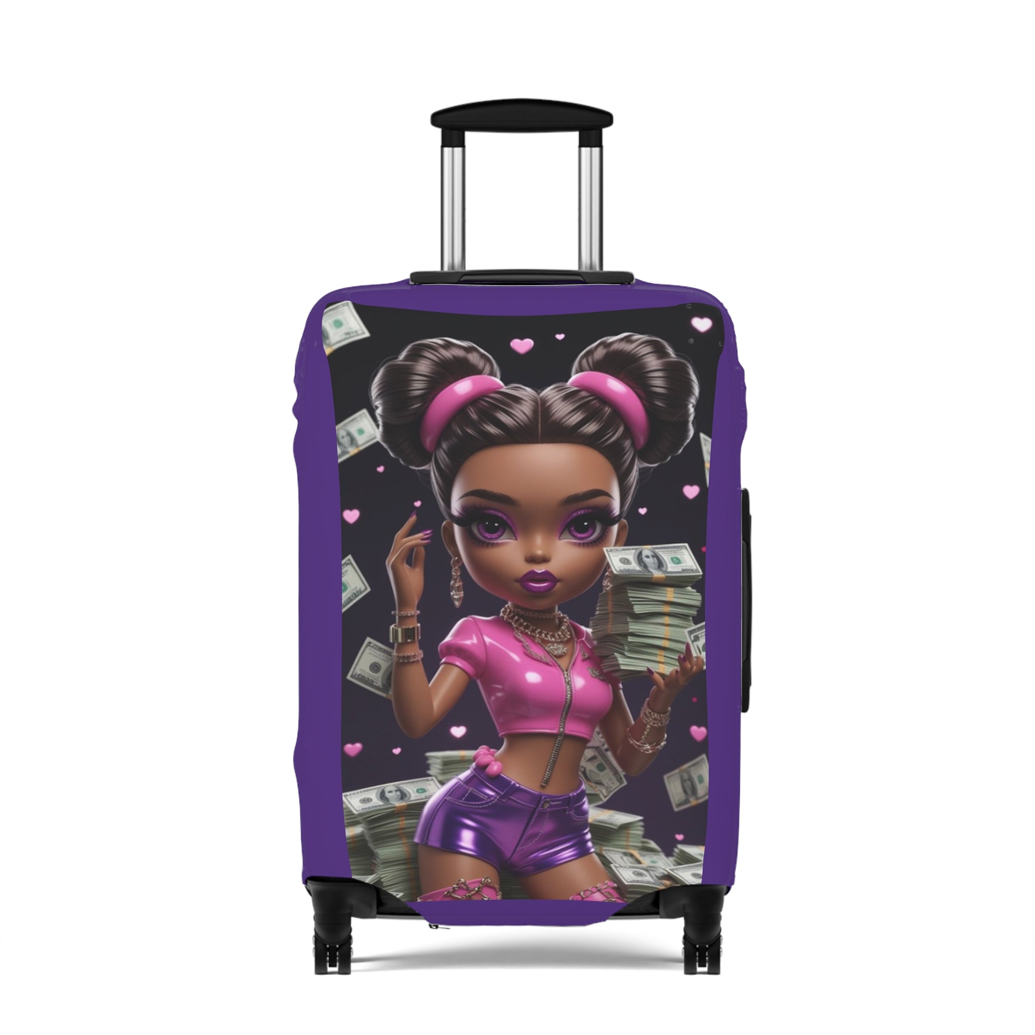 Cute Black Girl Power Luggage Cover — Girly Money Stack Travel Protector (Purple)