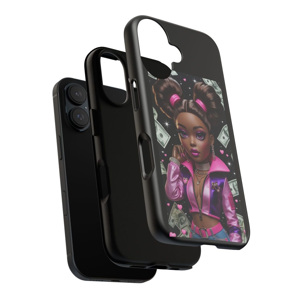 Money Babe Tough Phone Case — Afro Puff Girl Pink Leather Jacket