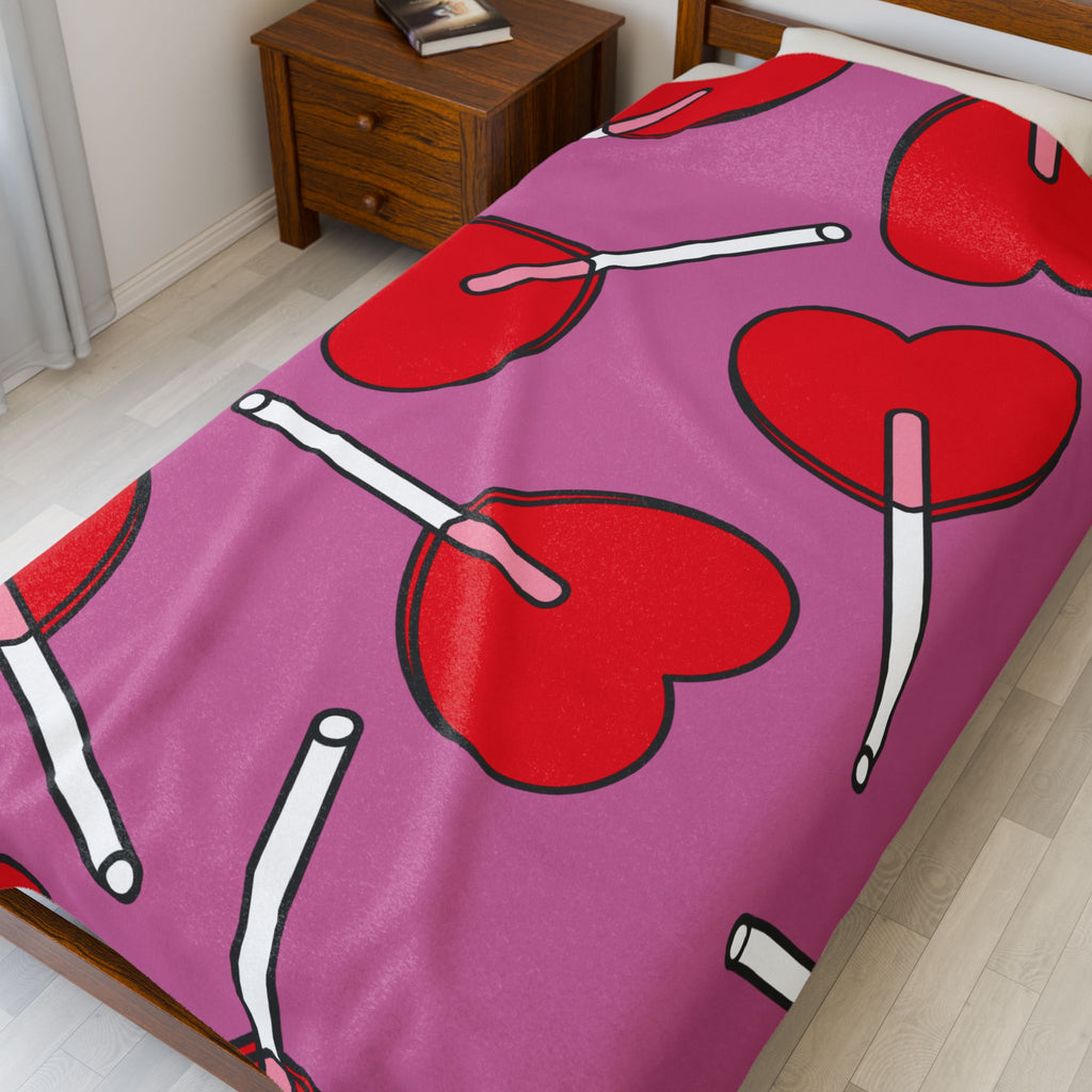 Heart Lollipop Plush Blanket — Pink Valentine Velveteen Throw