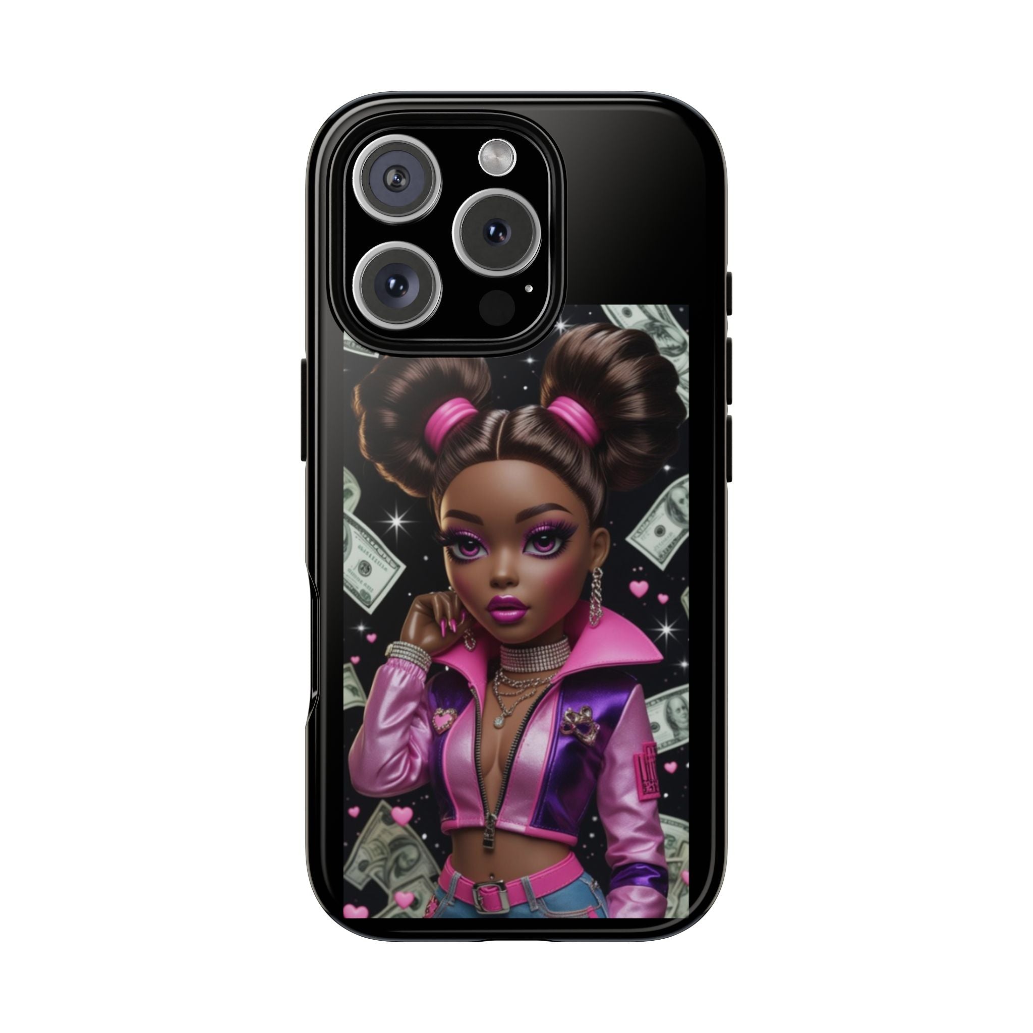 Money Babe Tough Phone Case — Afro Puff Girl Pink Leather Jacket