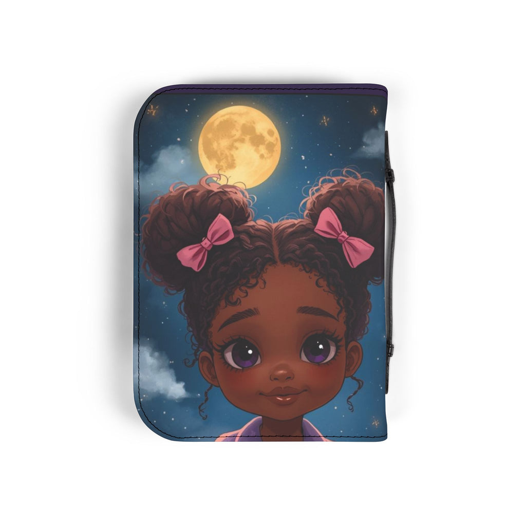 Bible Cover - Philippians 4:13 Inspirational Purple Zippered Bible Case with Cute Girl Moon Design