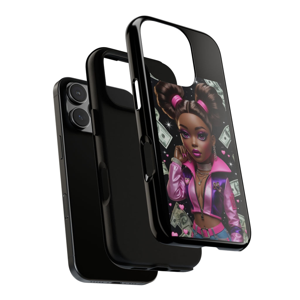 Money Babe Tough Phone Case — Afro Puff Girl Pink Leather Jacket