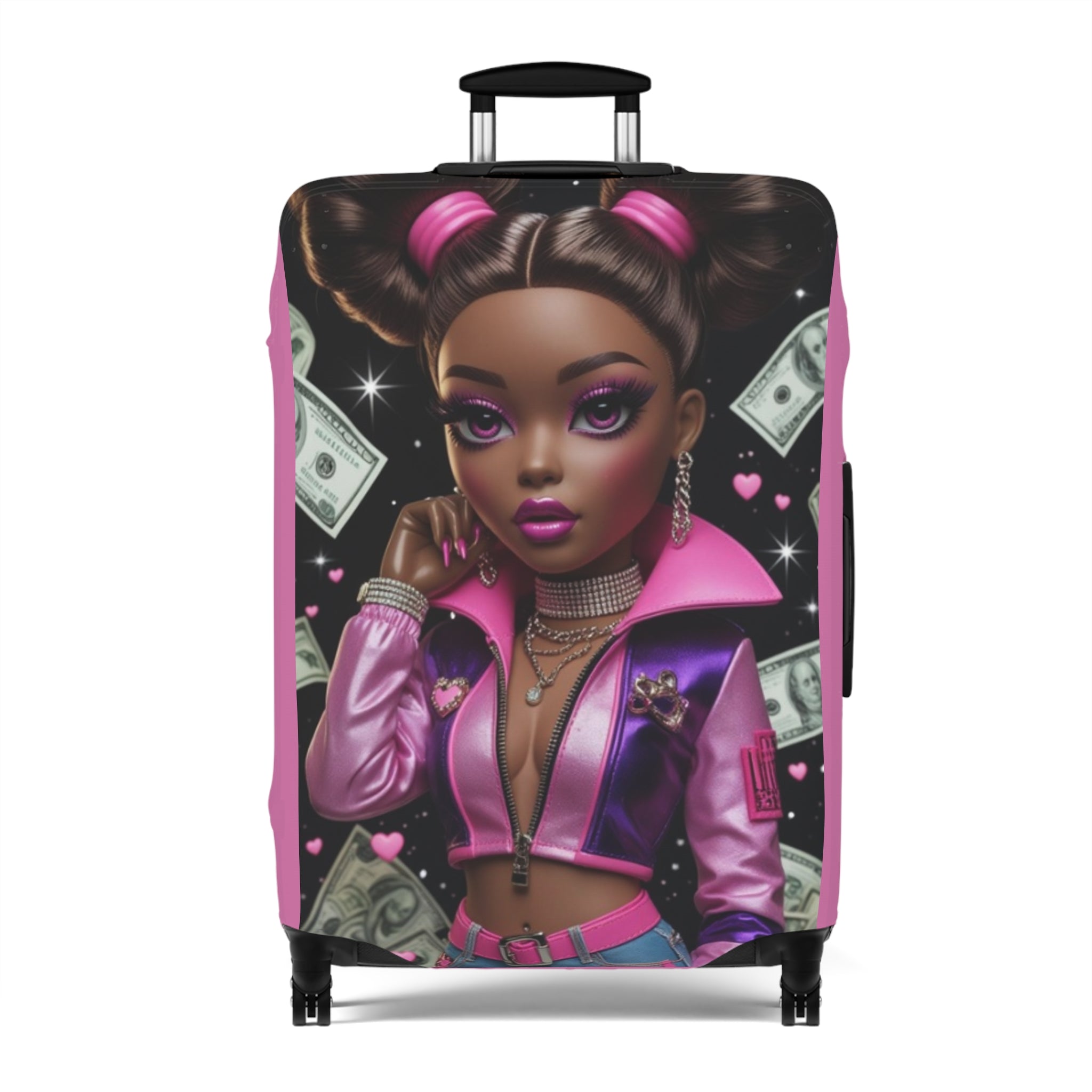 Pink Boss Babe Luggage Cover — Stylish Travel Case Protector with Money Girl Illustration