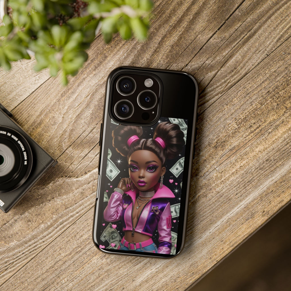 Money Babe Tough Phone Case — Afro Puff Girl Pink Leather Jacket