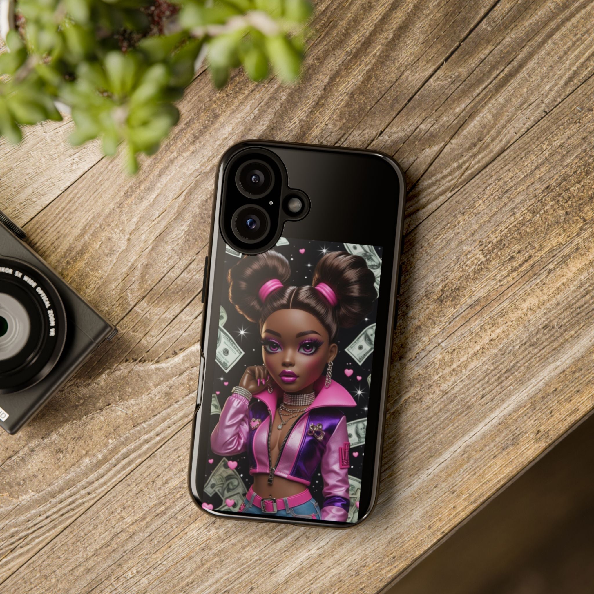 Money Babe Tough Phone Case — Afro Puff Girl Pink Leather Jacket