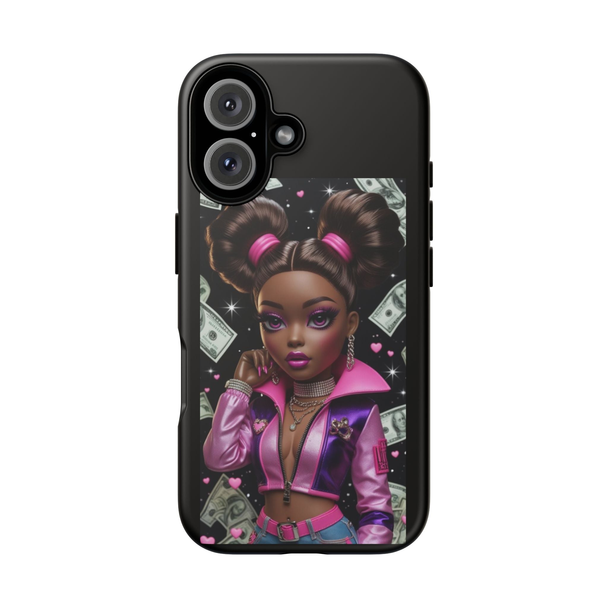 Money Babe Tough Phone Case — Afro Puff Girl Pink Leather Jacket