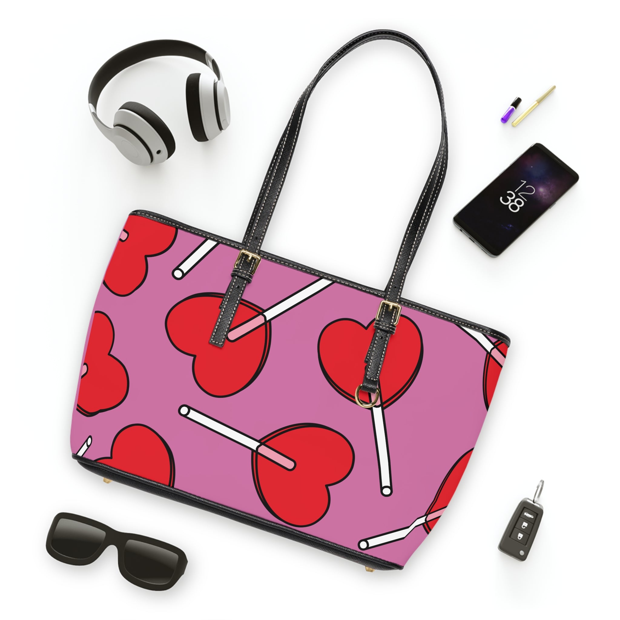 Heart Lollipop Tote Bag — Pink Valentine PU Leather Shoulder Bag
