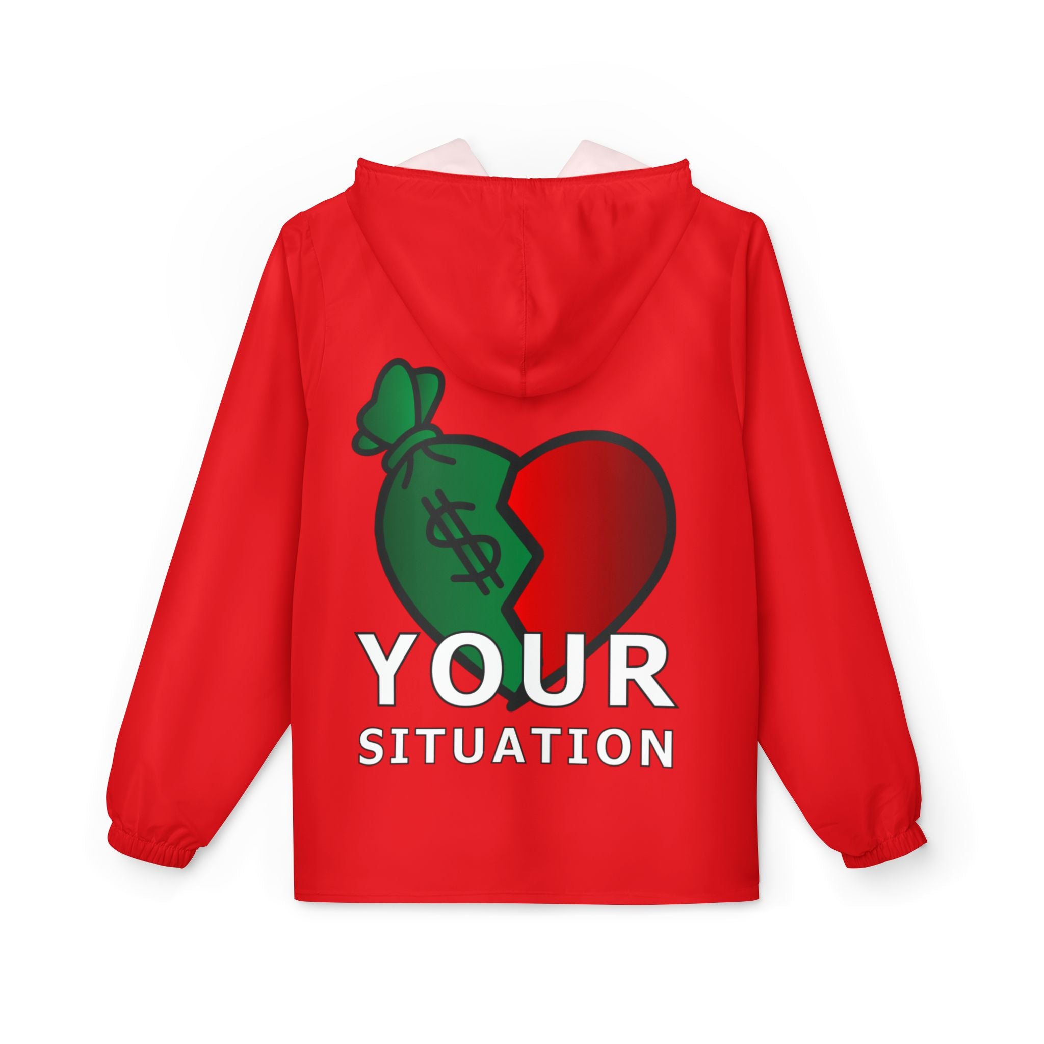 Red Heart & Money Bag Windbreaker Jacket — "Your Situation" Graphic Hooded Windbreaker