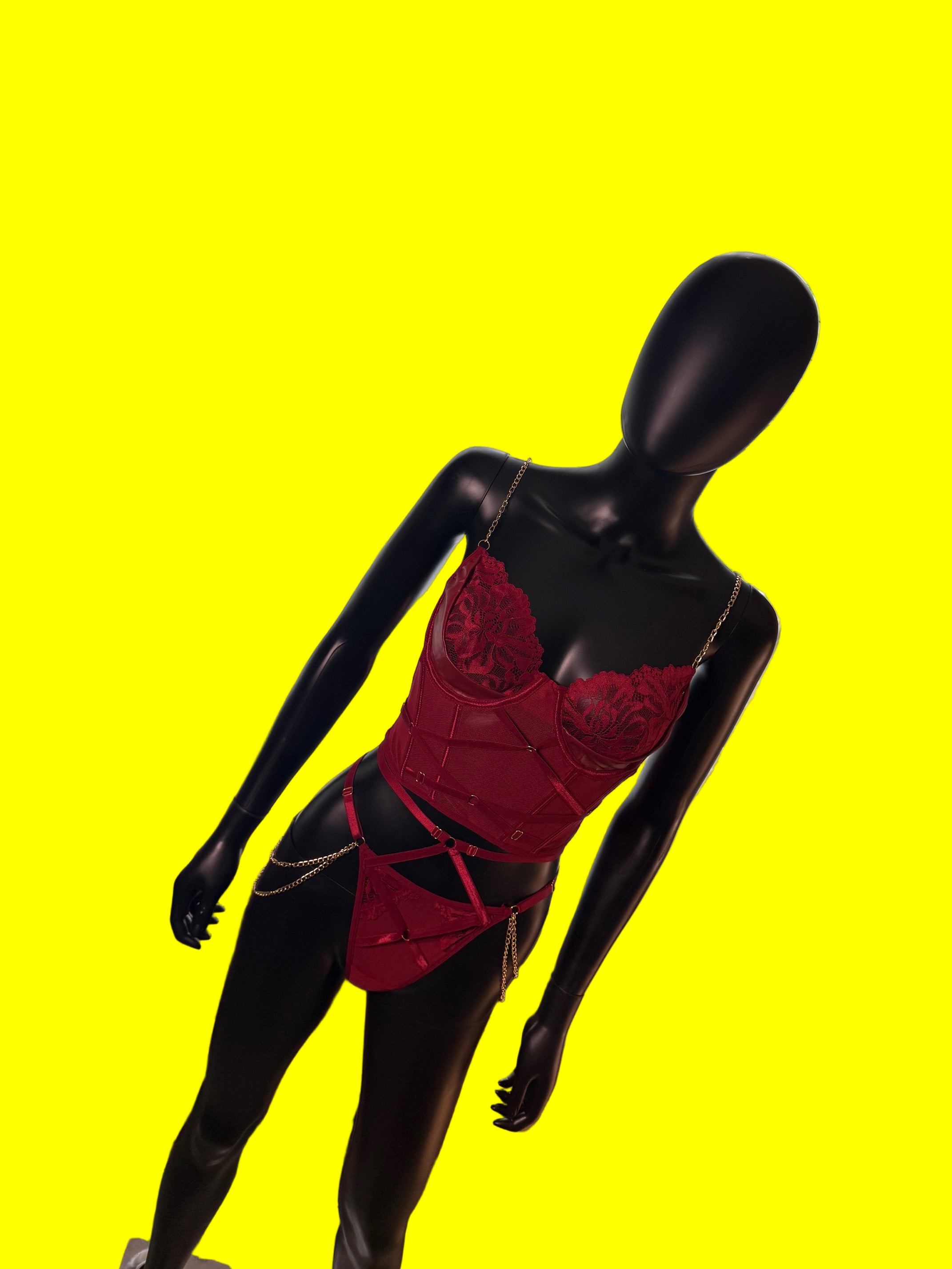 🔥 Red Lace Corset & Panty Set with Gold Chain Details