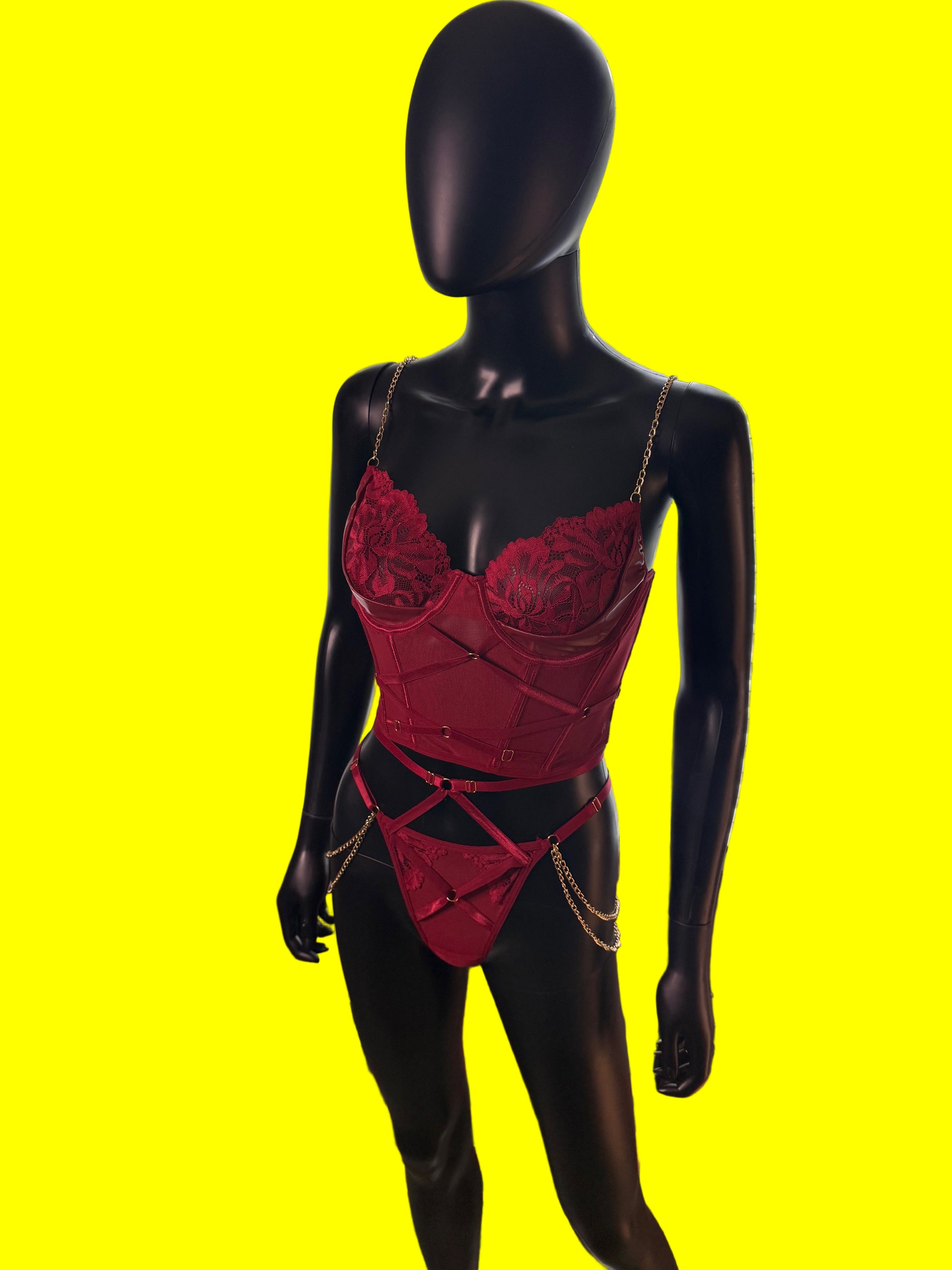 🔥 Red Lace Corset & Panty Set with Gold Chain Details