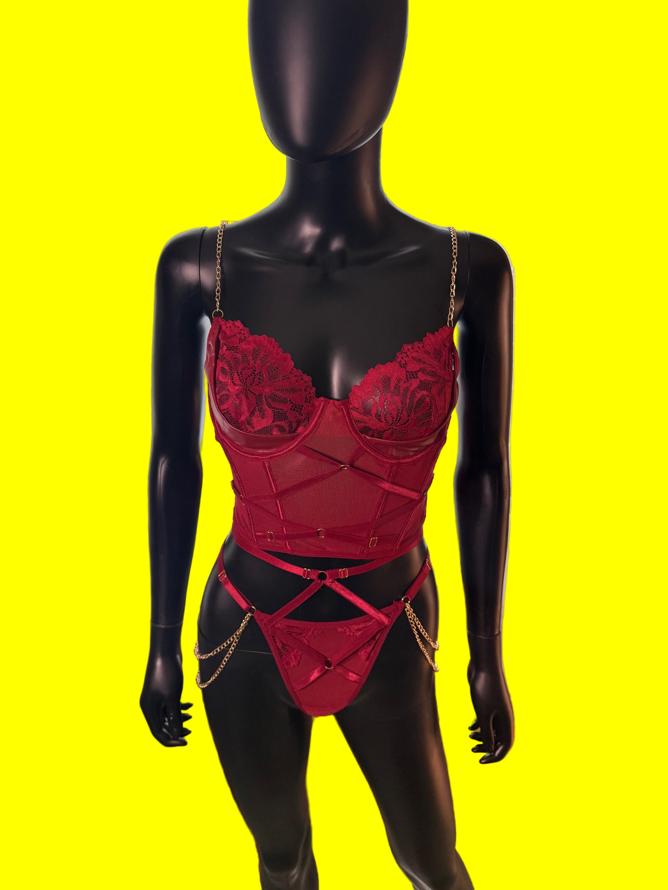 🔥 Red Lace Corset & Panty Set with Gold Chain Details