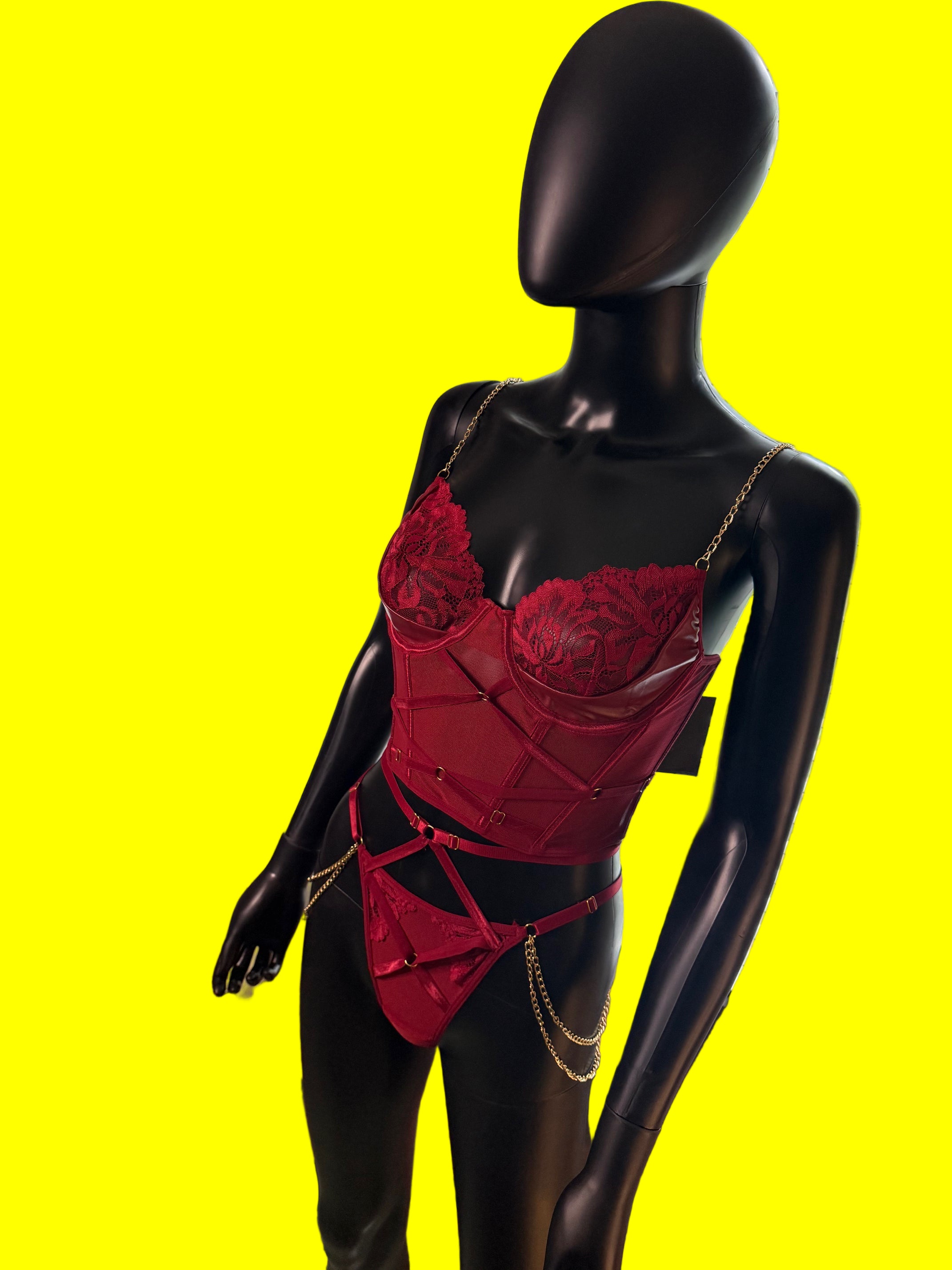 🔥 Red Lace Corset & Panty Set with Gold Chain Details