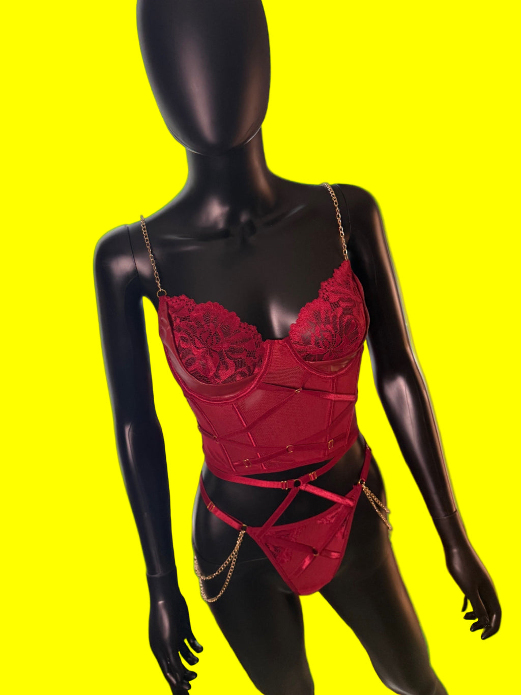 🔥 Red Lace Corset & Panty Set with Gold Chain Details
