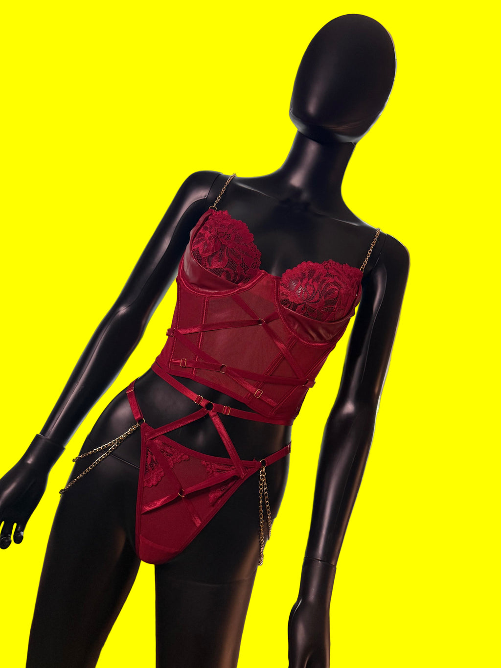 🔥 Red Lace Corset & Panty Set with Gold Chain Details